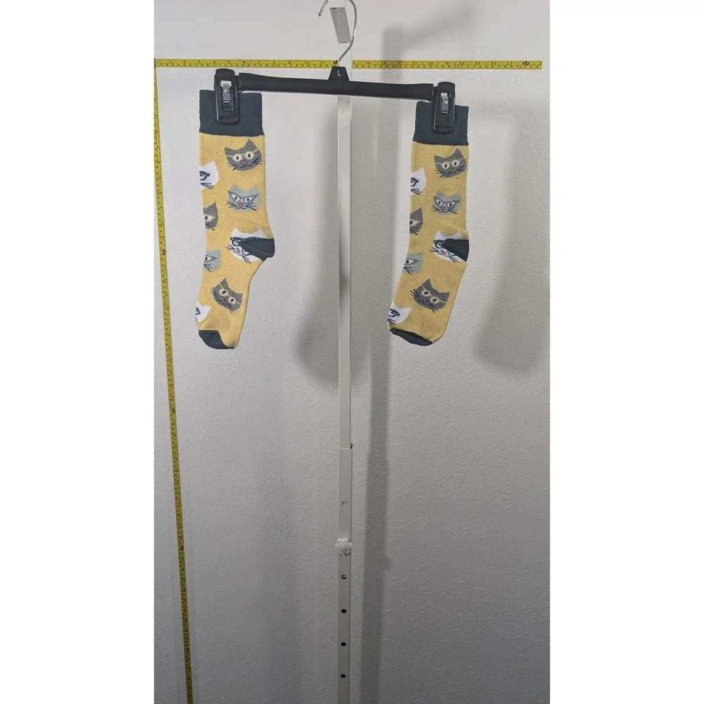 Unbranded Mustard Yellow Cat Face Pattern Crew Socks Grey Contrast Heel Toe